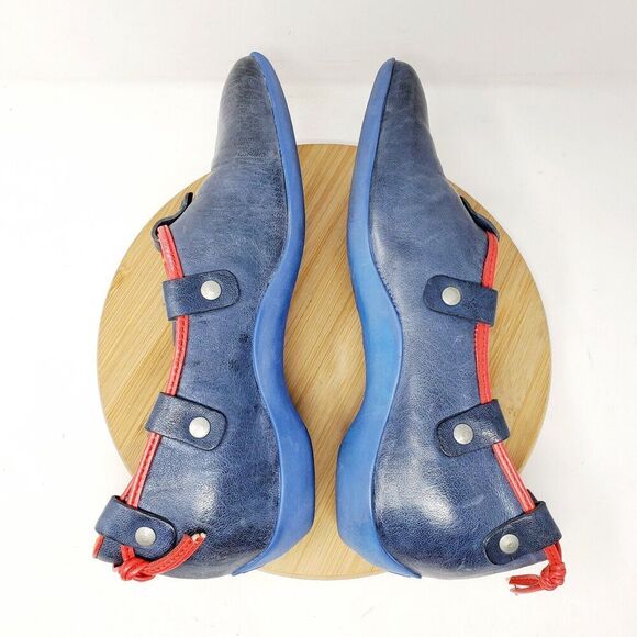 John Fluevog Vigor Shoes Womens 7.5 Slip On Blue Red Power Up Stud Lacing Flats - Picture 9 of 11